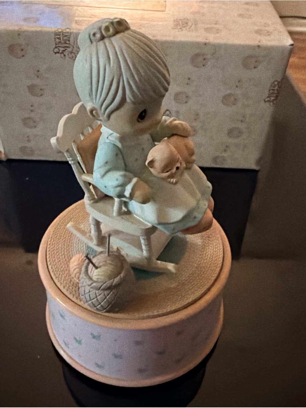 Precious Moments Pale Blue Girl in Rocking Chair Music Box with Kitten